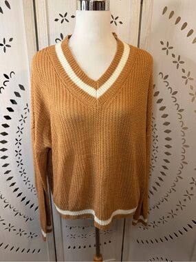 Rust Knit V-Neck Sweater with Ivory Stripe